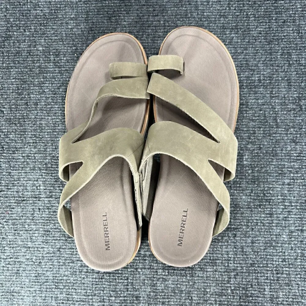 Merrell Sandals Womens 10 Juno Wrap Toe Loop Slip On Slides Taupe Moon Leather